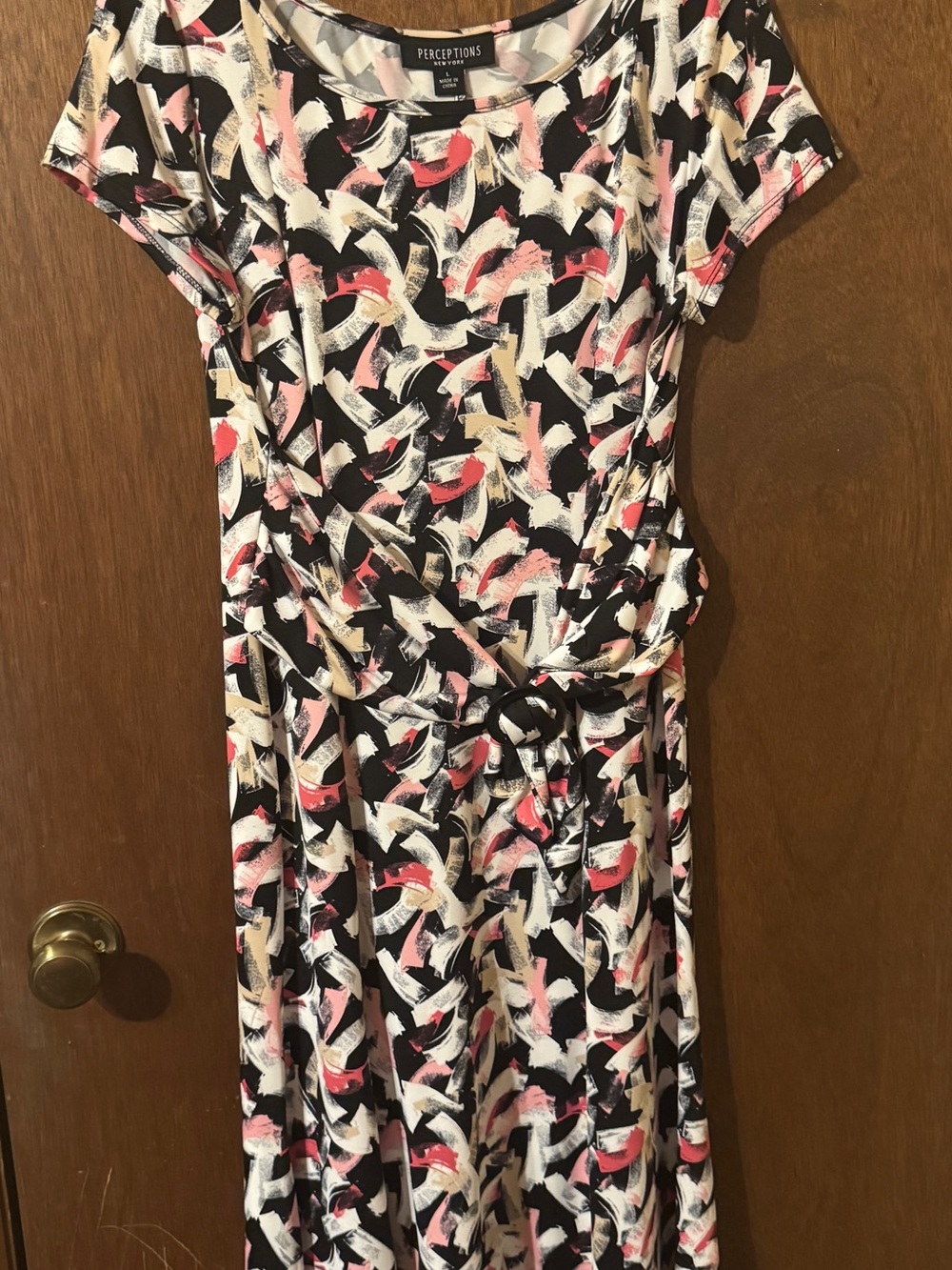 Perceptions Black Dress with White, Pink and Gray Brushstroke Print